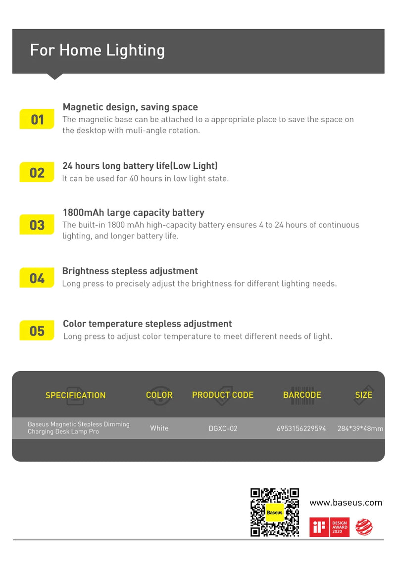 Baseus Magnetic Desk Lamp Hanging LED Table Lamp Chargeable Stepless Dimming Cabinet Night Light Closet Wardrobe Study Read Lamp