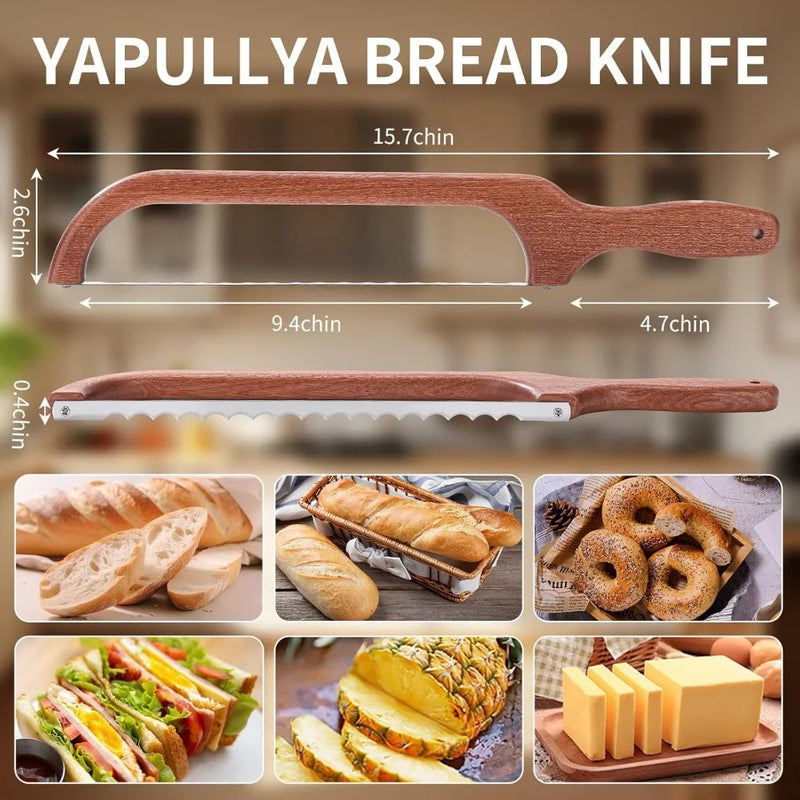 Wooden Bread Knife Slicer Premium Stainless Steel Serrated Saw Bread Cutter for Homemade Bread Bagels Baguettes Serrated Knife